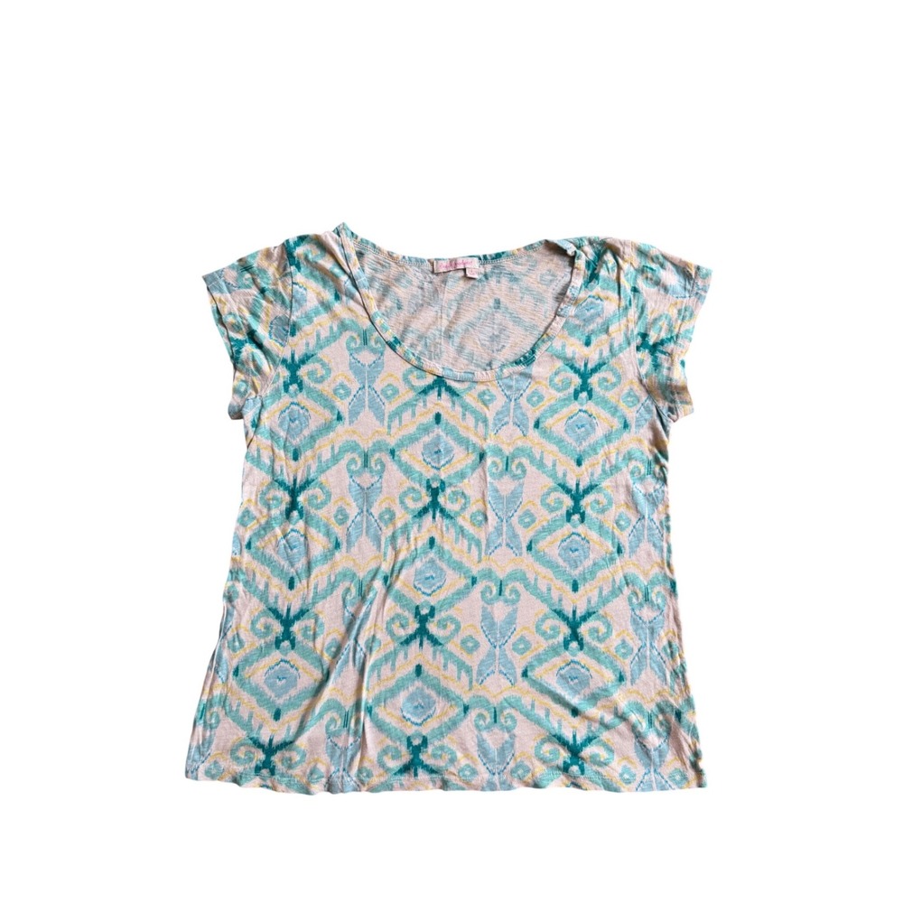 Fresh Produce Ikat T-Shirt Womens L‎ Turquoise Made in USA Coastal Boho Beachy